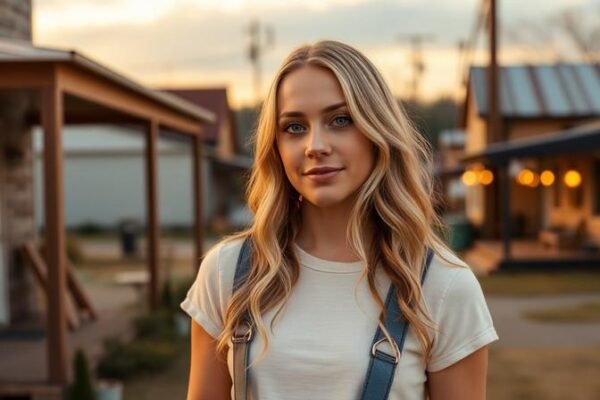 Create a warm and nostalgic portrait of Abigail Anderson standing in a small Tennessee town, with subtle references to her life story and friendship with Taylor Swift in the background. Golden-hour lighting, realistic photography, documentary style, ultra-detailed, 8K resolution.