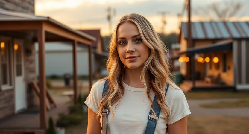 Create a warm and nostalgic portrait of Abigail Anderson standing in a small Tennessee town, with subtle references to her life story and friendship with Taylor Swift in the background. Golden-hour lighting, realistic photography, documentary style, ultra-detailed, 8K resolution.